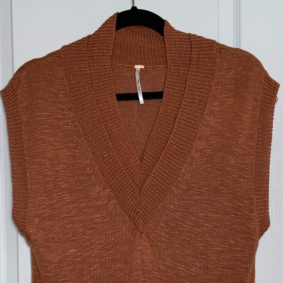 Free People Hannah Oversized Tunic Sweater Vest Knit Bronze V-Neck Size XS - Picture 5 of 9